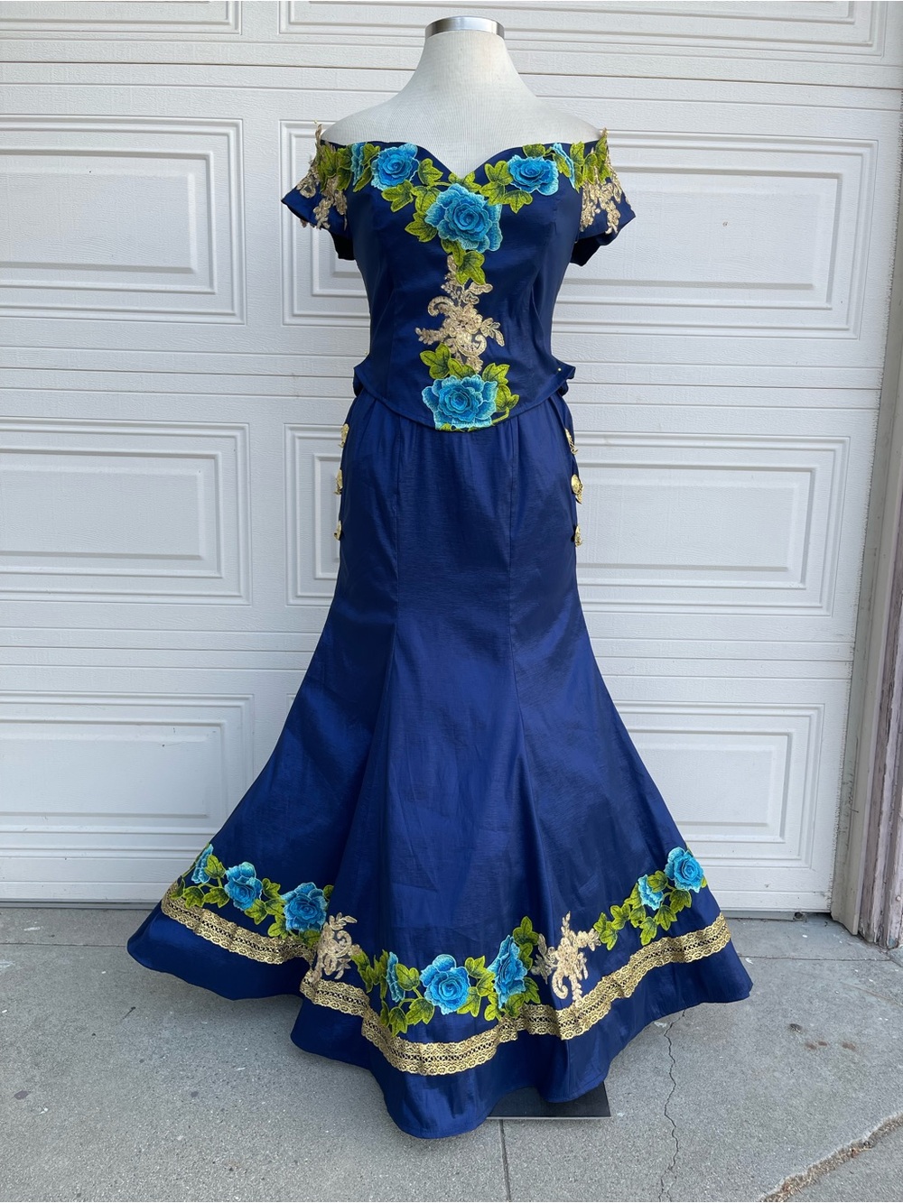 Navy Off-Shoulder Floral Embroidered Gown